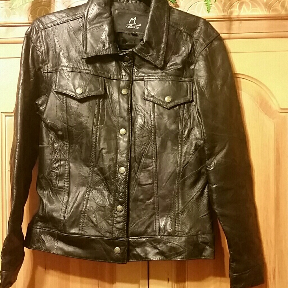 Black Leather Jacket with Mosaic Patch.